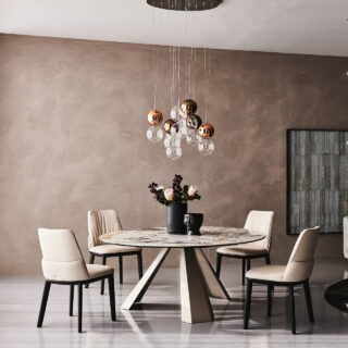 Mesa de comedor moderna Eliot de Cattelan Italia con base de acero y sobre en cristal, madera o cerámica.