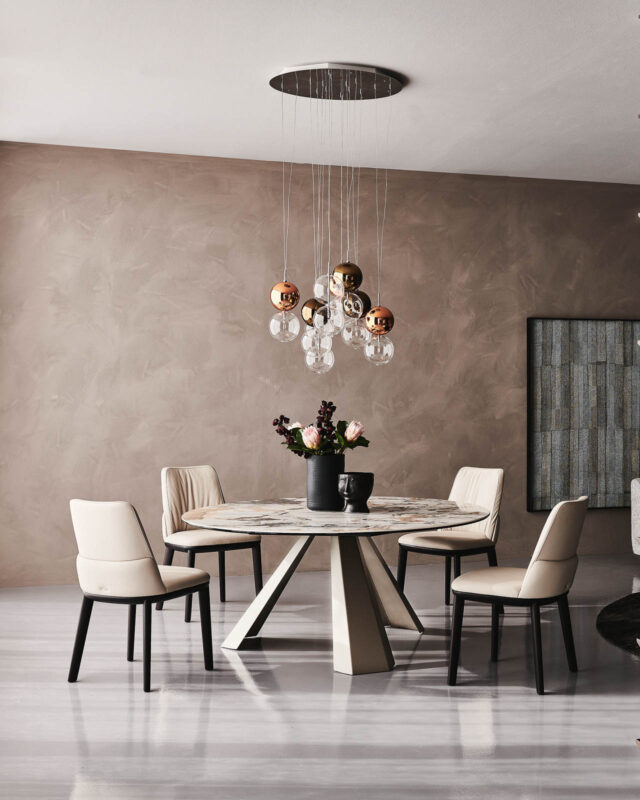 Mesa de comedor moderna Eliot de Cattelan Italia con base de acero y sobre en cristal, madera o cerámica.
