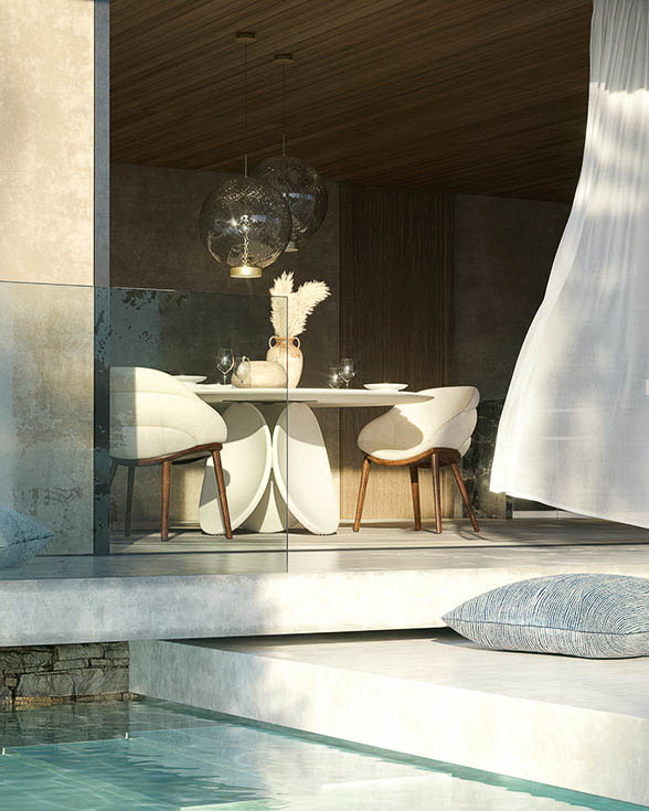 Mesa escultural Maxim de Cattelan Italia con base en forma de pétalos y acabado artesanal en arcilla.