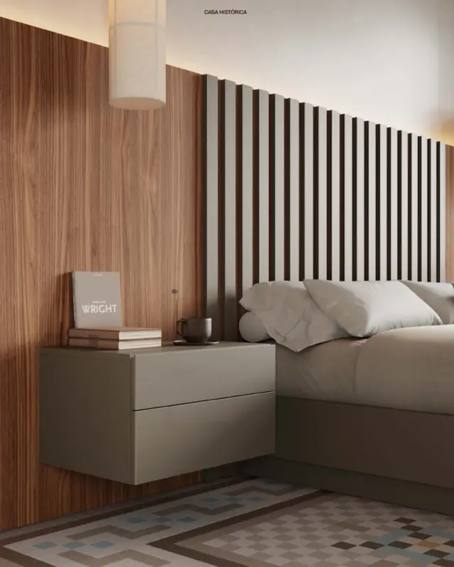Mesita de noche Compact de Vive con diseño funcional y acabados modernos en ambiente de dormitorio.