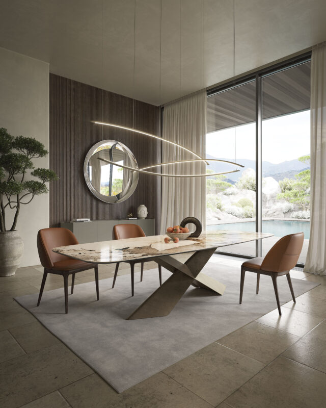 Mesa Tyron de Cattelan Italia con base escultórica y sobre personalizable en madera Masterwood, cerámica Marmi o CrystalArt